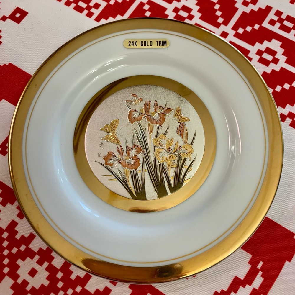 Vintage Japanese Chokin 24K Gold Trimmed Flowers & Butterflies Decorative Plate